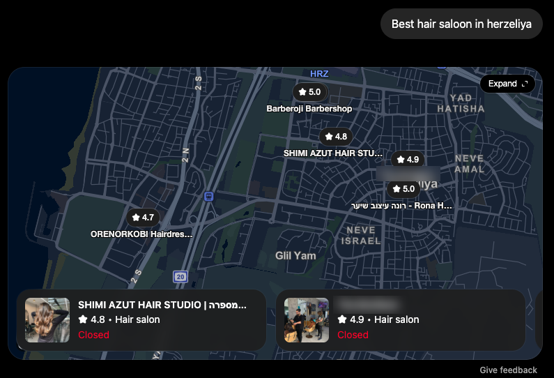 ChatGPT recommending Shimi Azut Hair Studio as a top hair salon in Herzliya